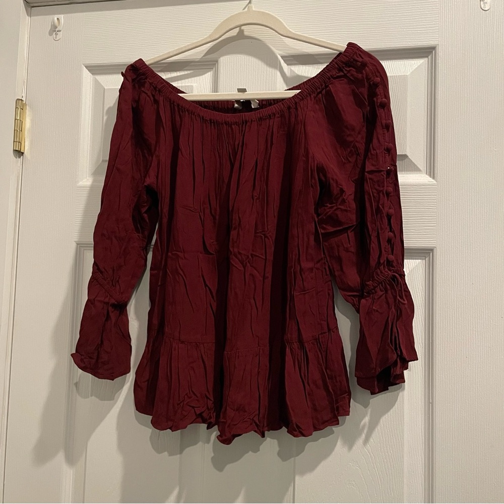 Women's Burgundy Off-Shoulder Ruffled Blouse Top
